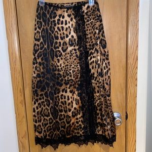 Brown Leopard Print Satin Lace Trim Midi Skirt